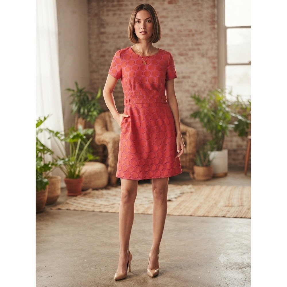 Boden Pink‎ Orange Jacquard Dot Shift Dress Short Sleeve Pockets NWT US 10L